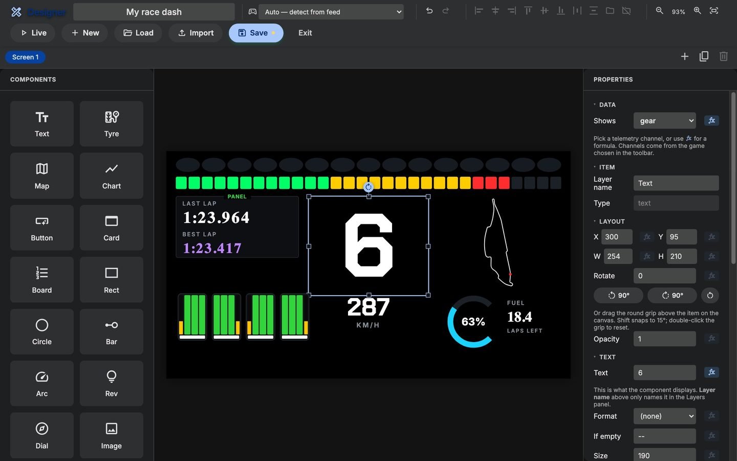 The Pixra dashboard designer with a race dashboard being built